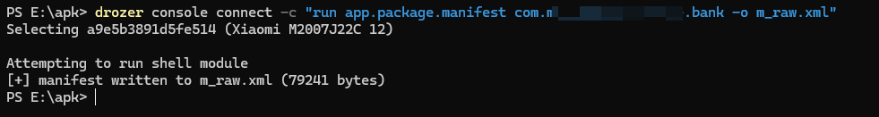 改造后的 drozer 模块将 manifest 落盘为 m_raw.xml